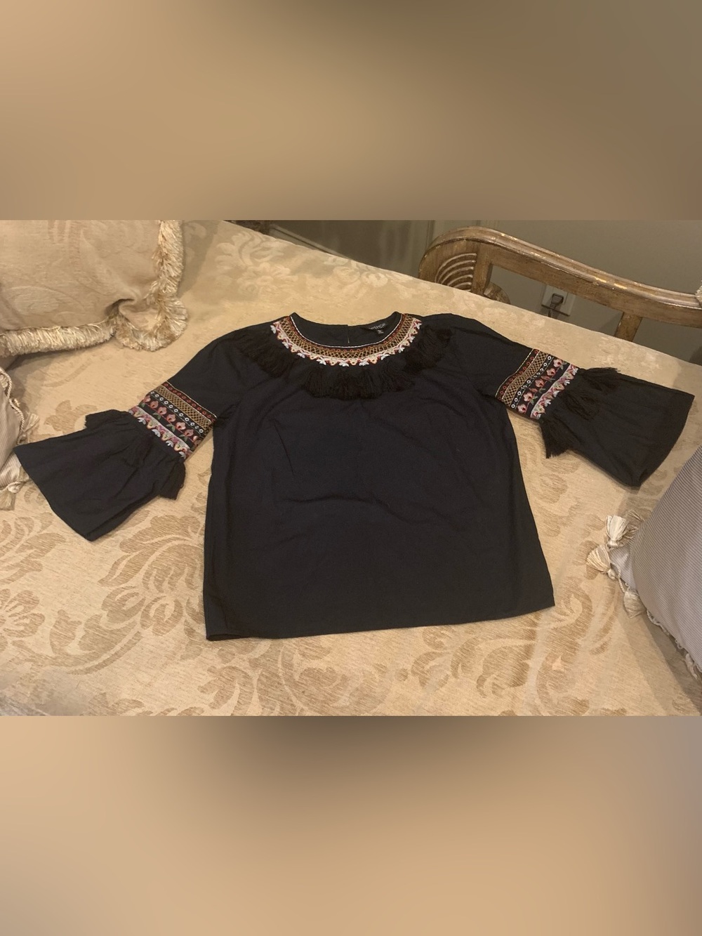 Topshop Black Embroidered Bell-Sleeve Blouse